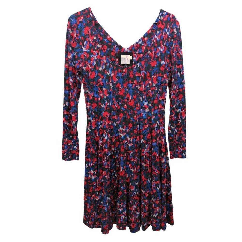 ANTHROPOLOGIE Saraid Red Dress HD in Paris Fit Flare Long Sleeve Blue Stretch S